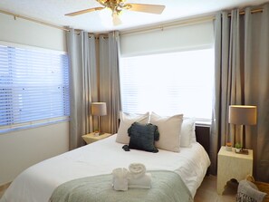 3 bedrooms, desk, blackout curtains, iron/ironing board