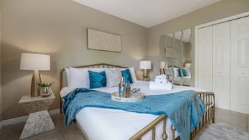 3 bedrooms, desk, blackout curtains, iron/ironing board