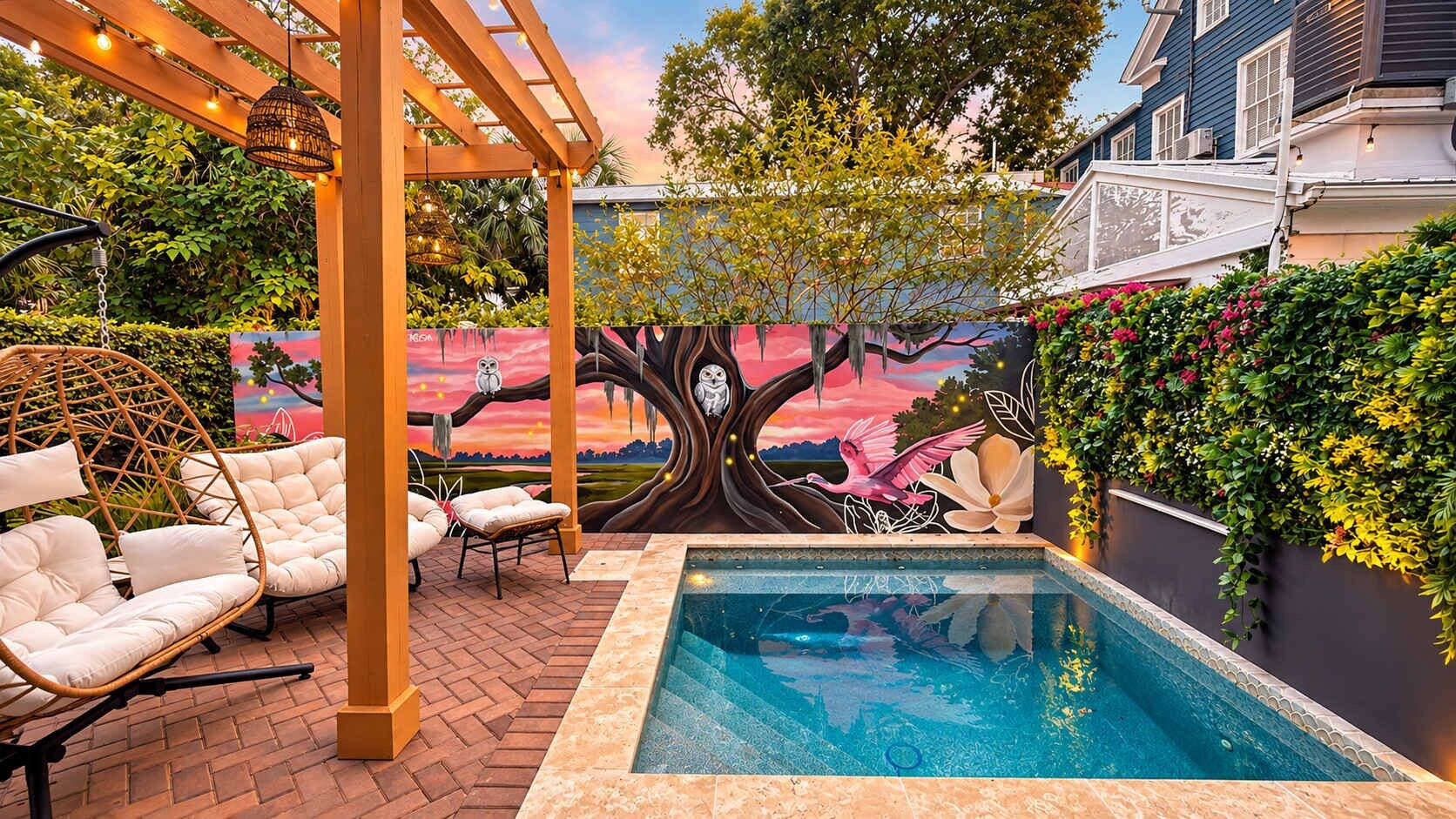 A pool area with a mural, wicker chairs, and a pergola.