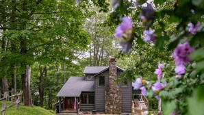 A rustic cabin with a stone chimney, surrounded by lush greenery and a wooden deck.