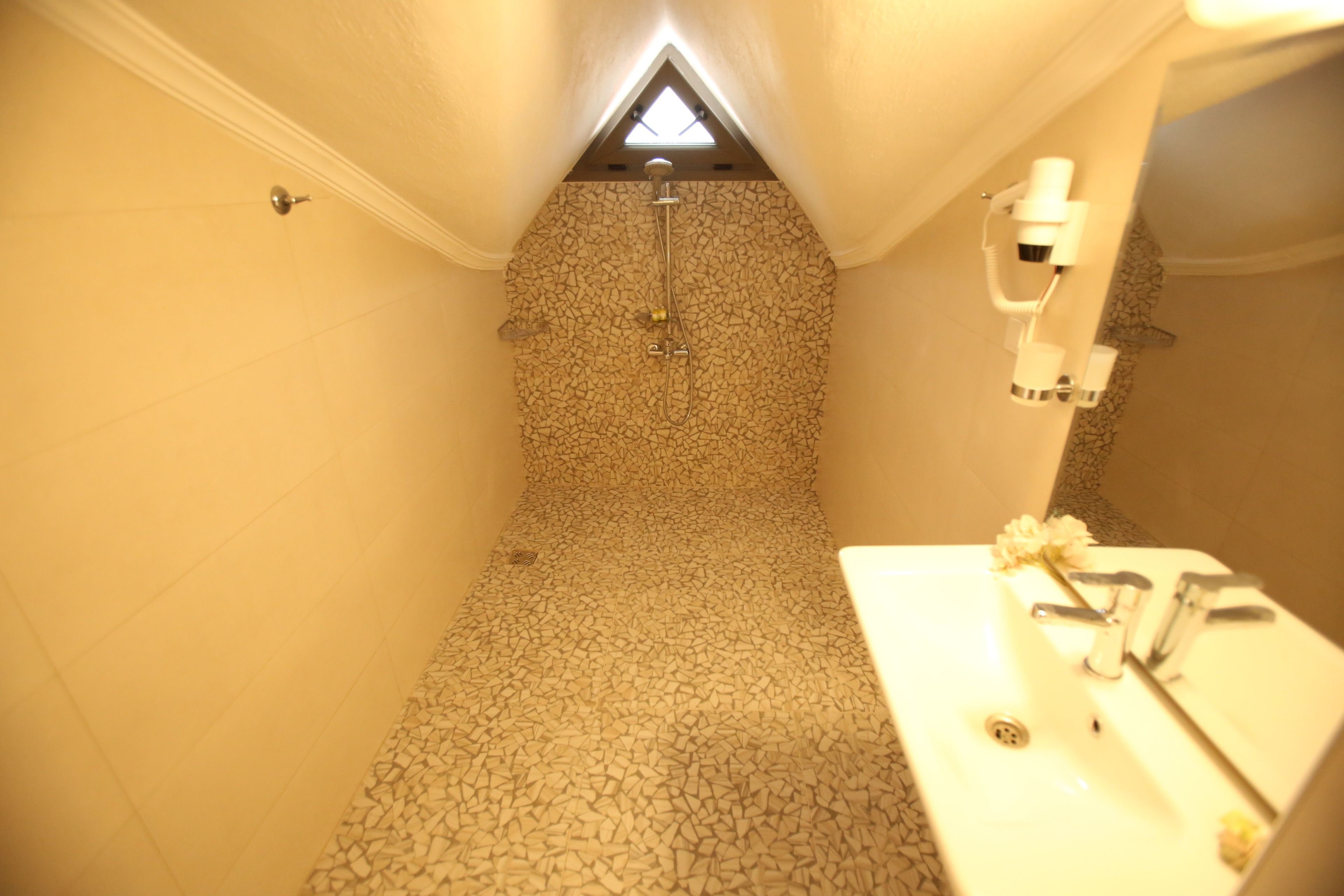 economy room, mountain view (attic) | bathroom | shower, rainfall showerhead, free toiletries, hair dryer