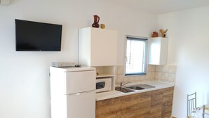 Una cocina compacta con refrigerador, microondas y lavamanos.