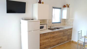 Una cocina compacta con refrigerador, microondas y lavamanos.
