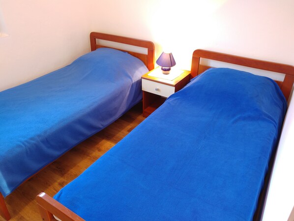 Two single beds with wooden frames and blue bedding, a nightstand with a lamp, and a wooden floor.