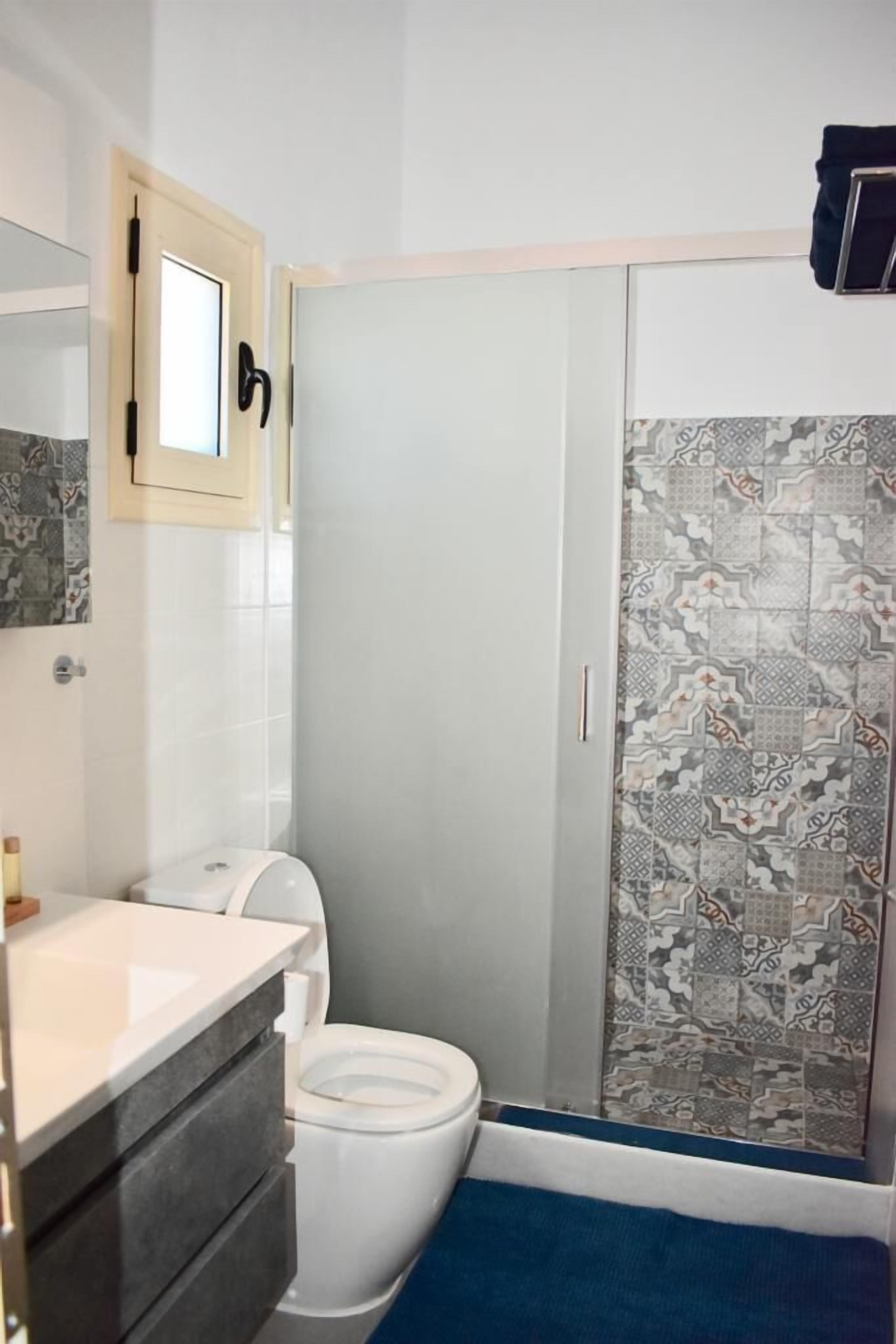 A bathroom with a white toilet, a sink with a dark countertop, and a shower area with patterned tiles.