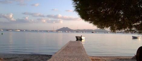 A calm waterfront with a concrete walkway leading to the water, boats anchored in the distance, and a tree on the right.
