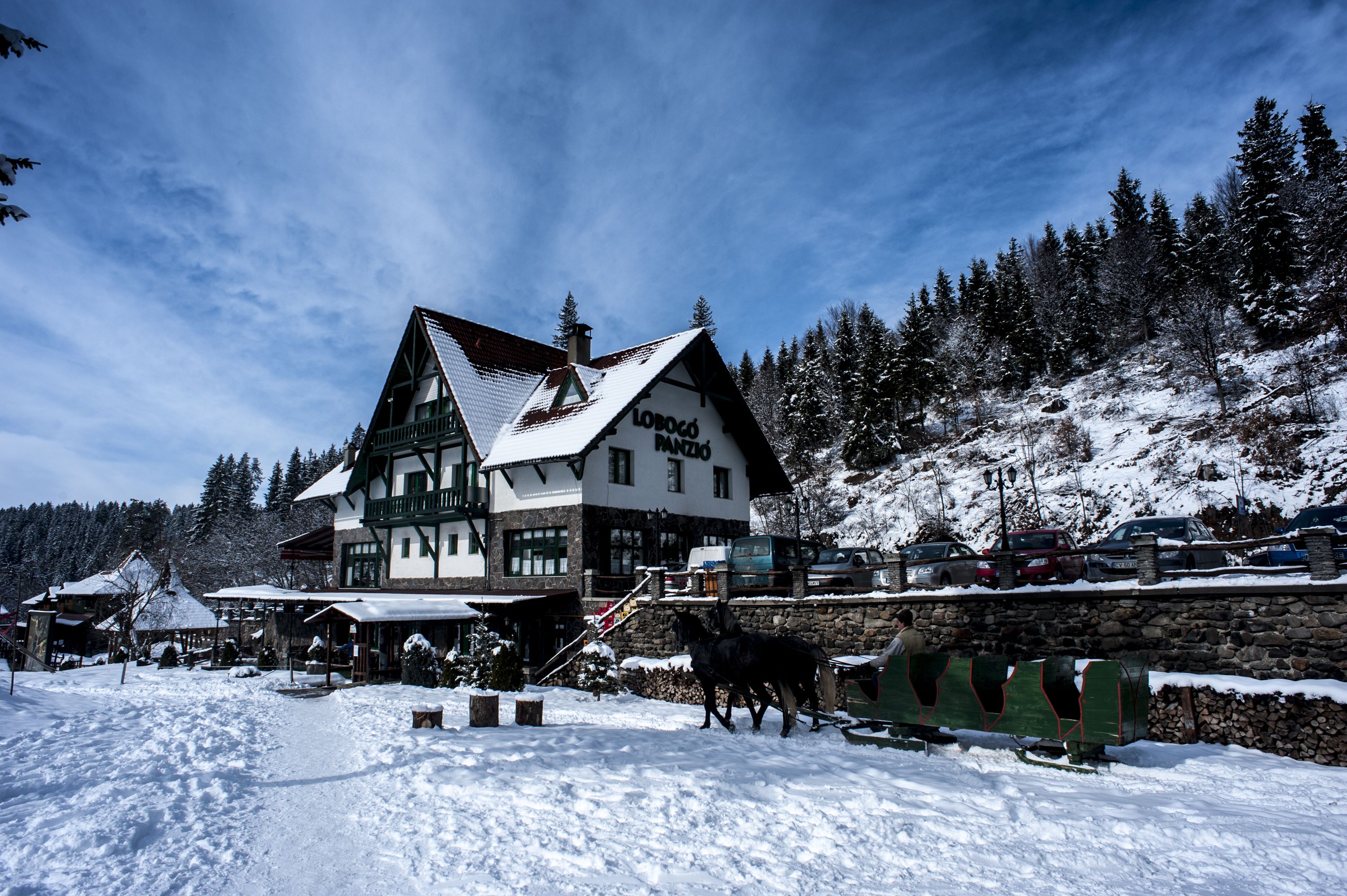 Een traditioneel chalet-gebouw met een flauw hellend dak, een balkon en een bordje met de tekst 'Loboc'.