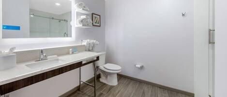 Un bagno moderno con uno specchio grande, un lavandino, un water e una doccia.