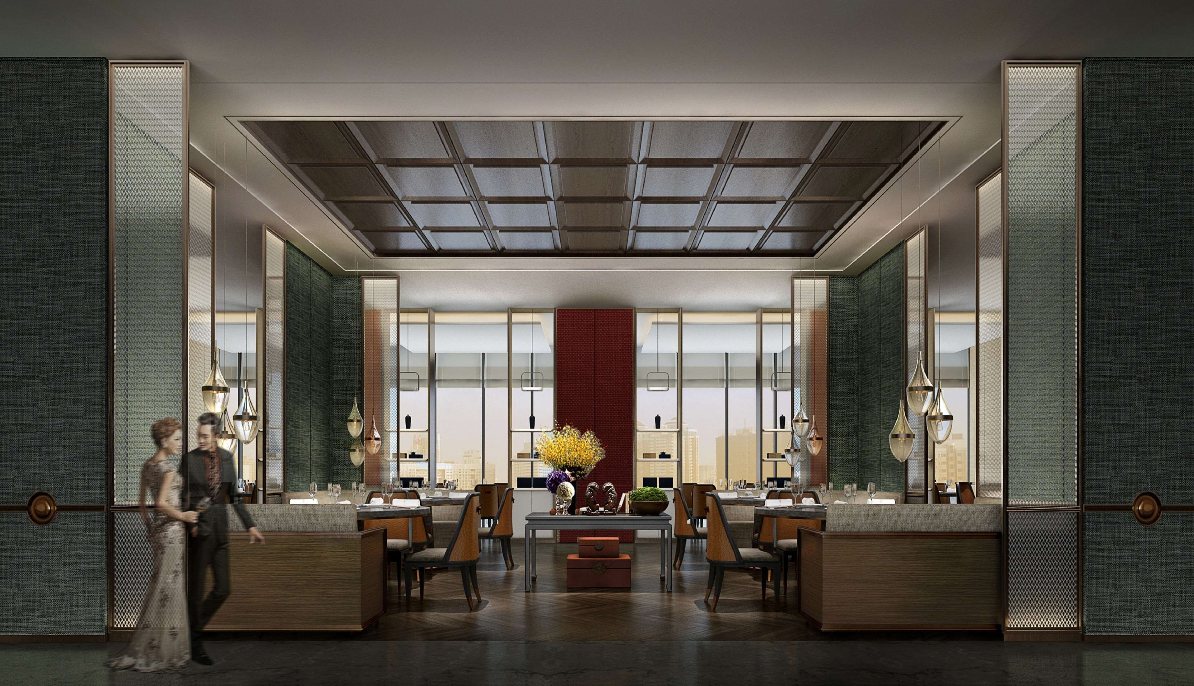 A modern dining area with a central table, chairs, and a decorative centerpiece.