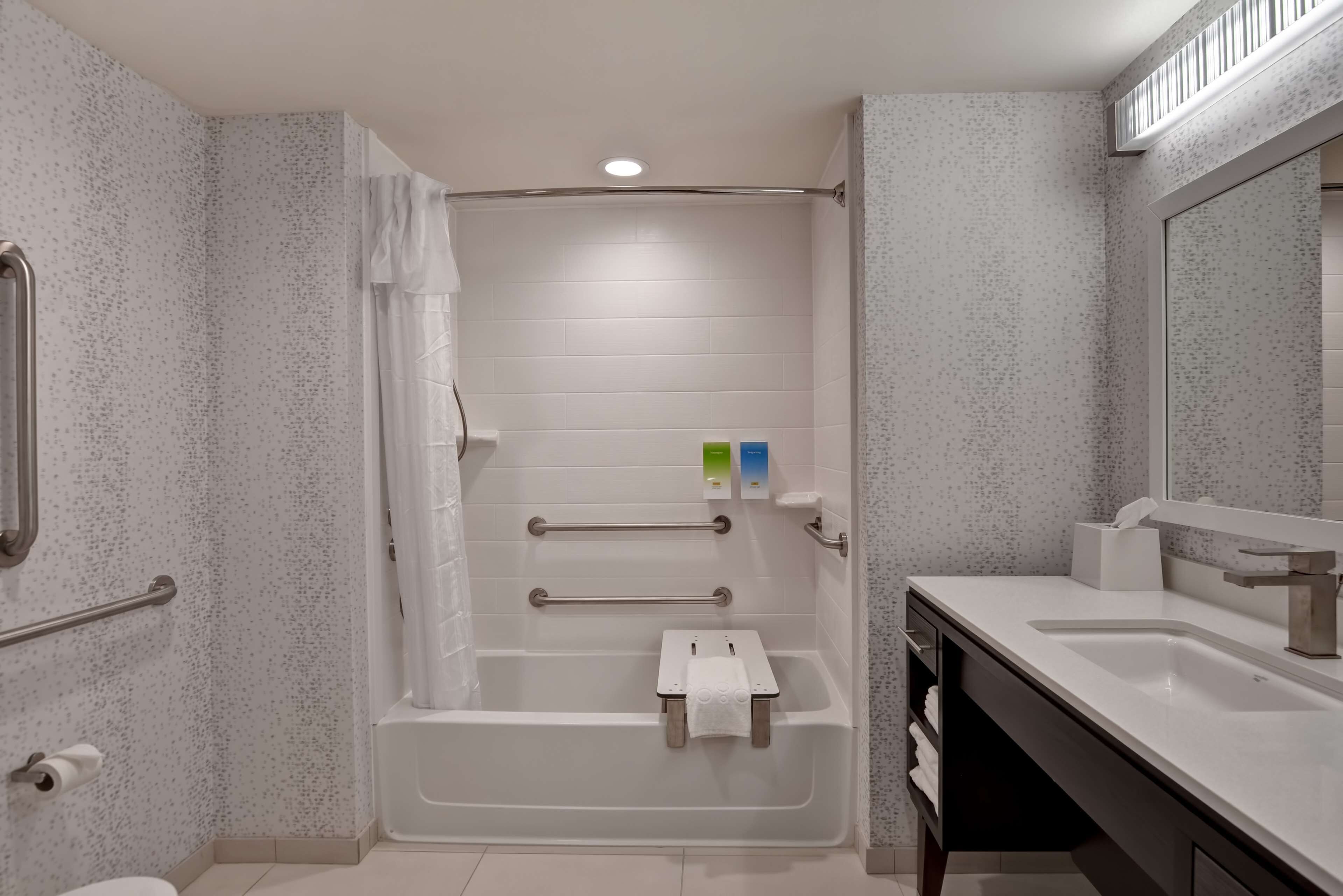 Une salle de bain moderne dotée d’une douche à l’italienne, de barres d’appui, d’un porte-serviettes et d’un lavabo avec un miroir.