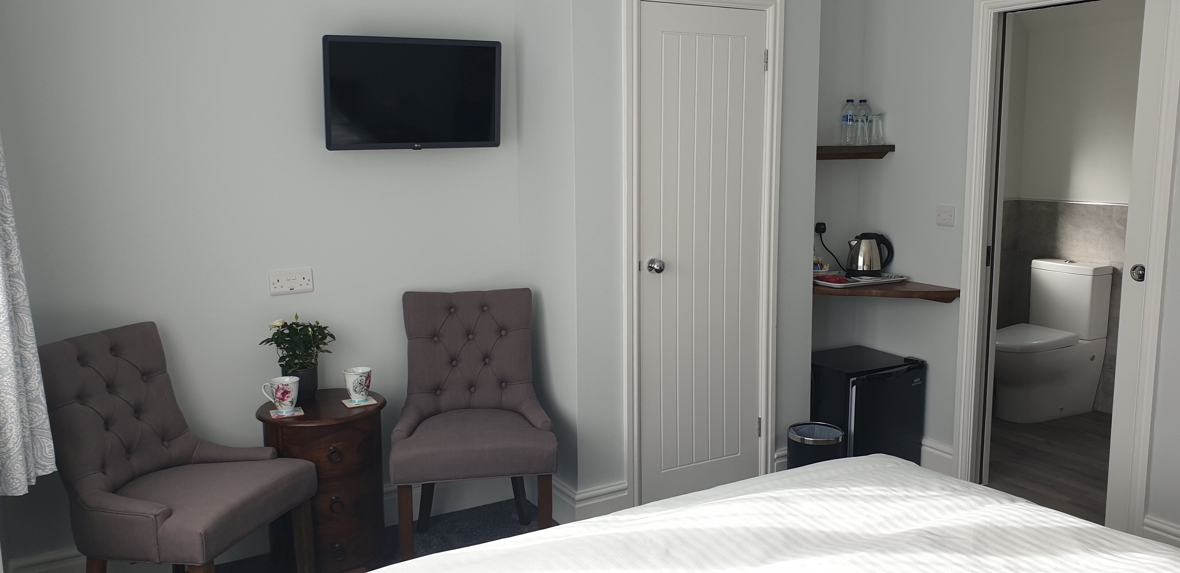 Un dormitorio con cama, dos sillones, televisión, una puerta, una mesita con una planta y un estante con artículos de aseo.