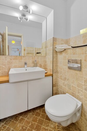 A bathroom with a white sink, mirror, and toilet. - Piata Sfatului Studio (Brasov)