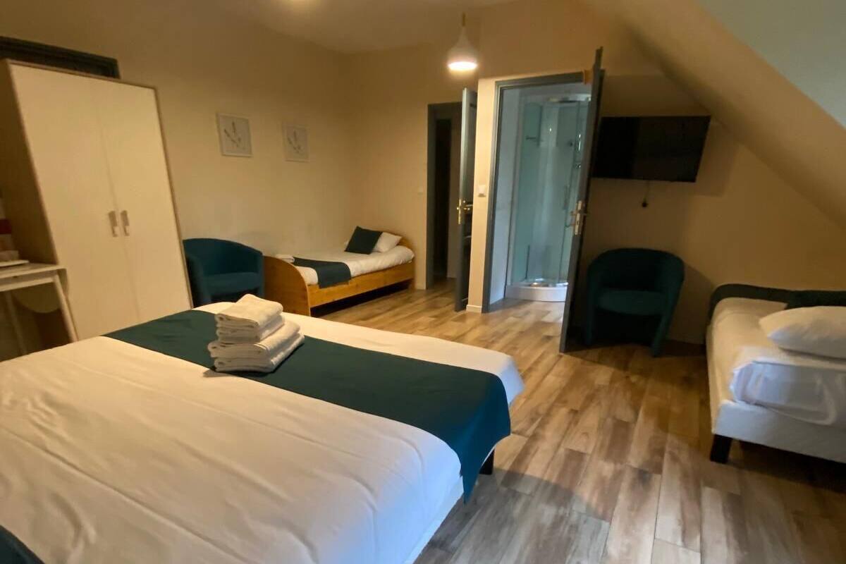 A bedroom with two beds, a desk, a chair, and a shower area.