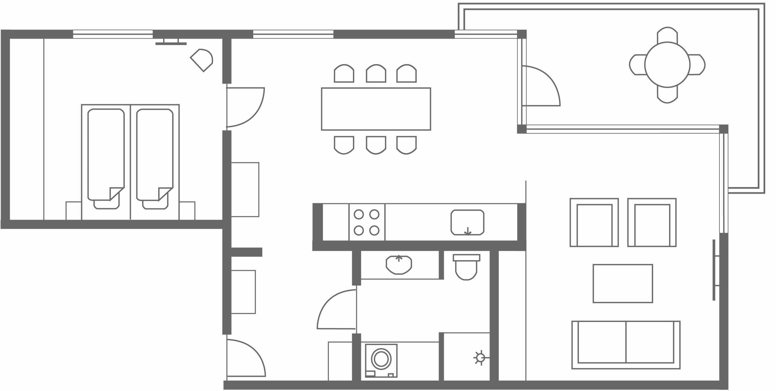 Plano de planta de una habitación de hotel con kitchenette, comedor, baño y zona de estar.