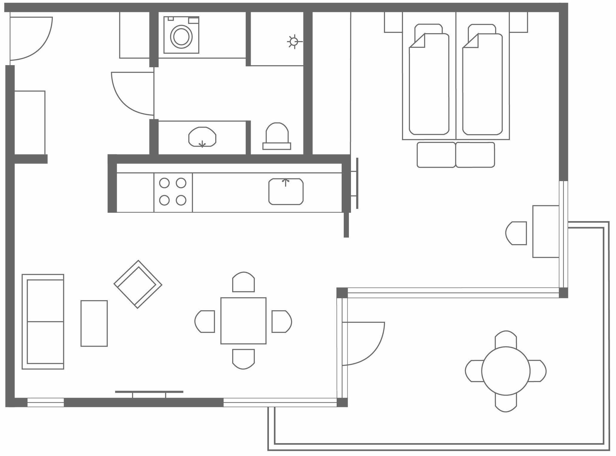 Een plattegrond van een hotelkamer met een kitchenette, een eetgedeelte, een badkamer en een zithoek.