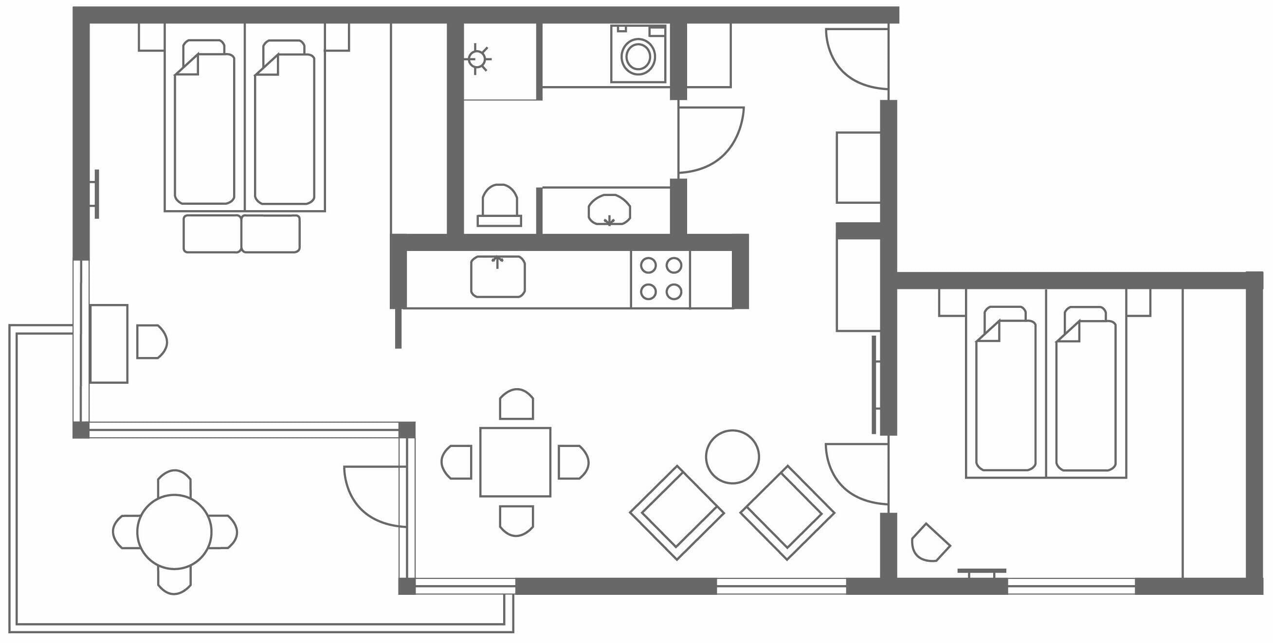Een plattegrond met een woongedeelte, keuken, eetkamer en twee slaapkamers.