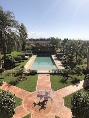 Outdoor pool, pool umbrellas, pool loungers