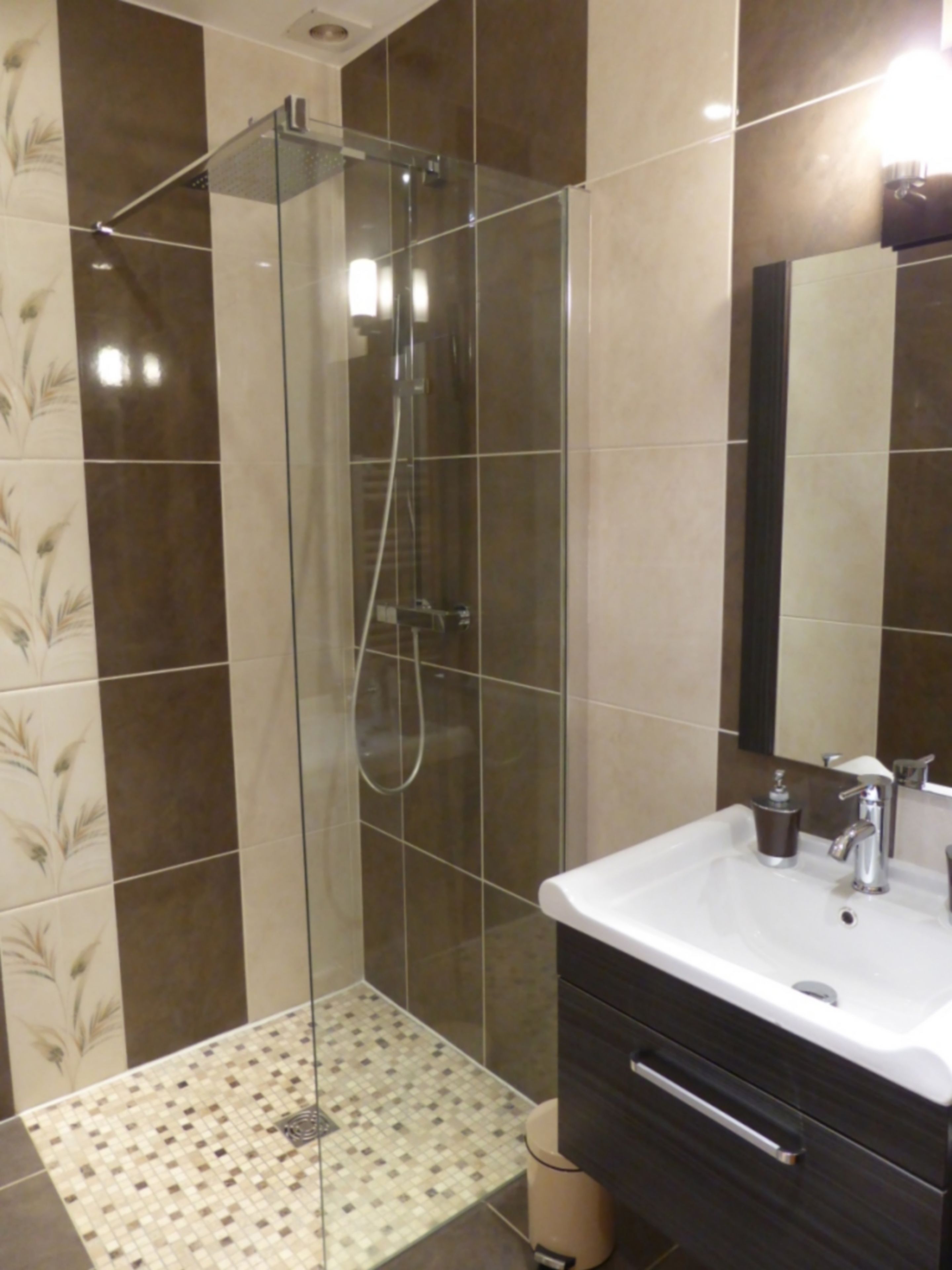 A modern bathroom with a glass-enclosed shower, a white sink, and dark-toned cabinetry.