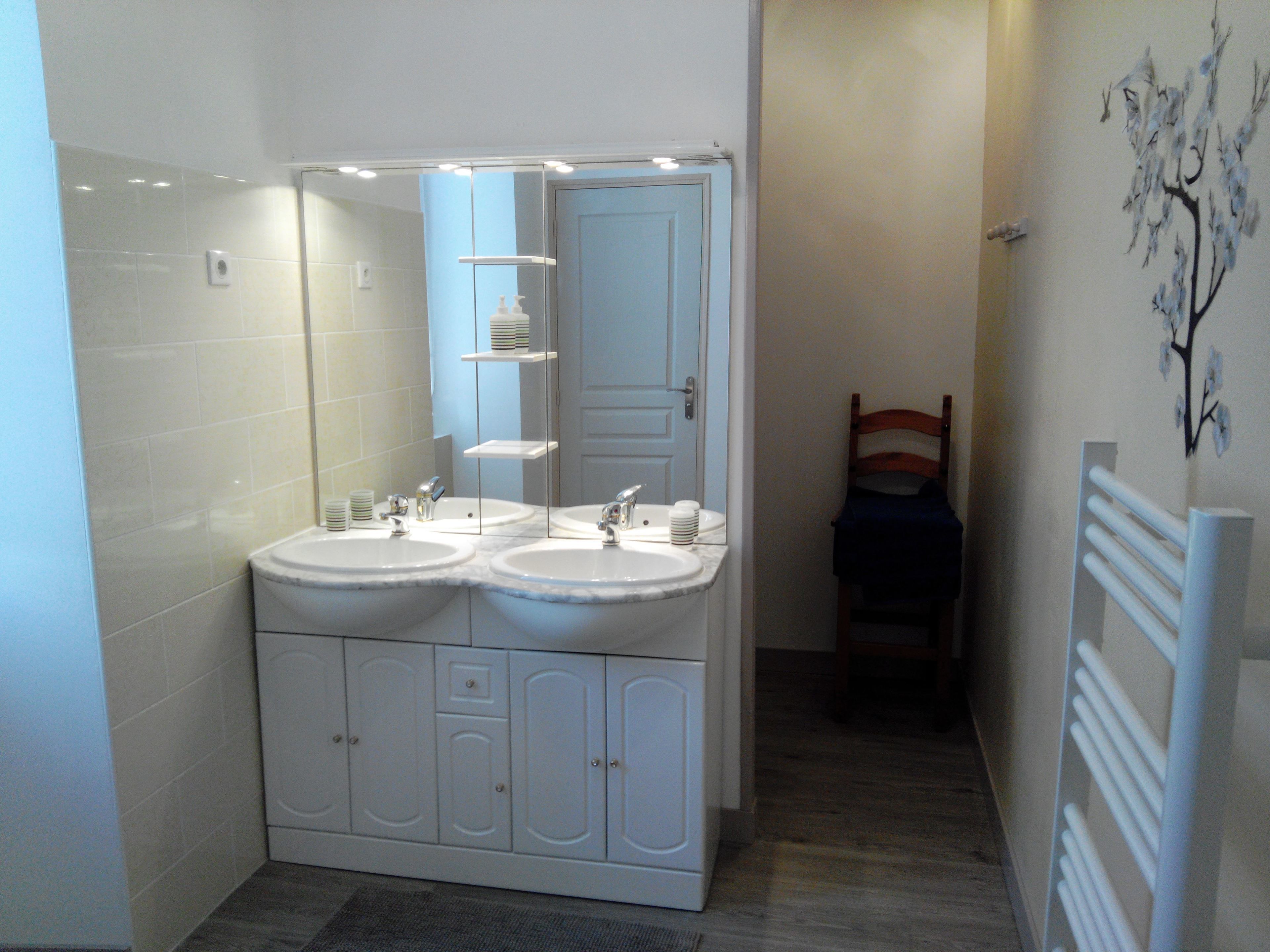 A bathroom with two sinks, a mirror, and a door.