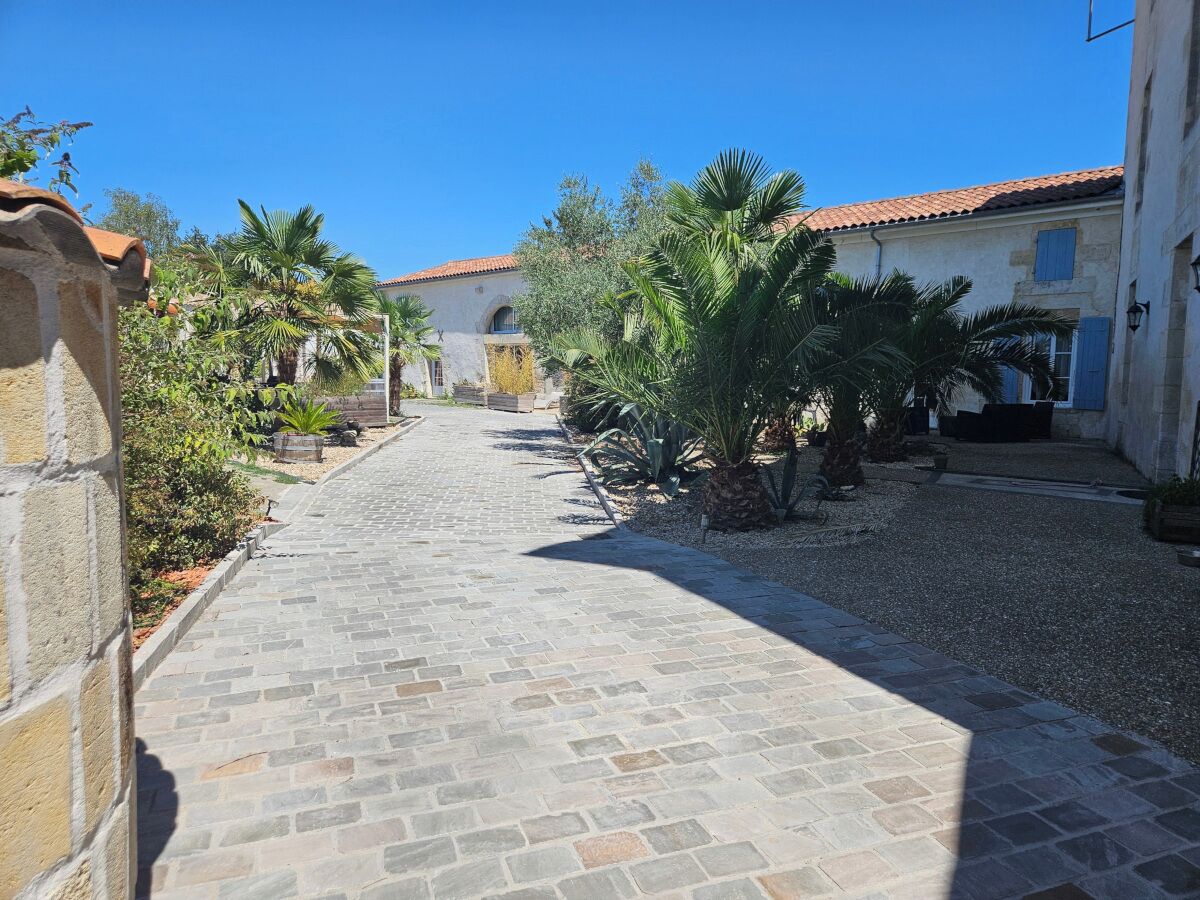 A paved courtyard with stone flooring, surrounded by buildings with red-tiled roofs and a palm tree.