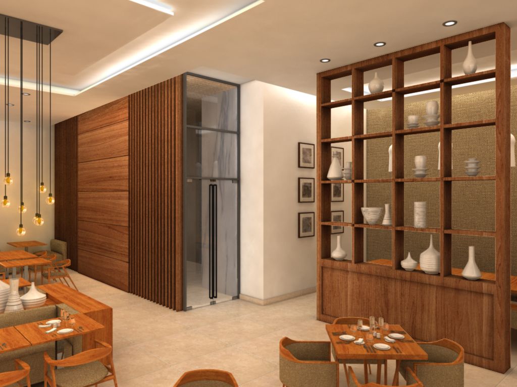 Un comedor moderno con mesas y sillas de madera, un separador de vidrio y una estantería decorativa con jarrones.