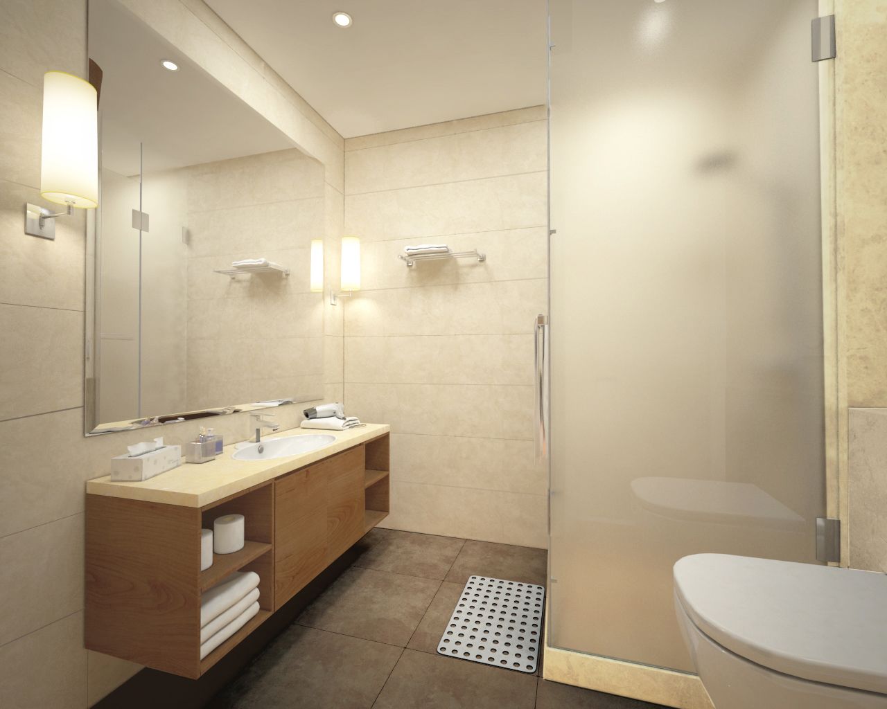 Ein modernes Badezimmer mit einer Duschkabine, einem Holzkosmetikschrank mit Waschbecken und einer Toilette.