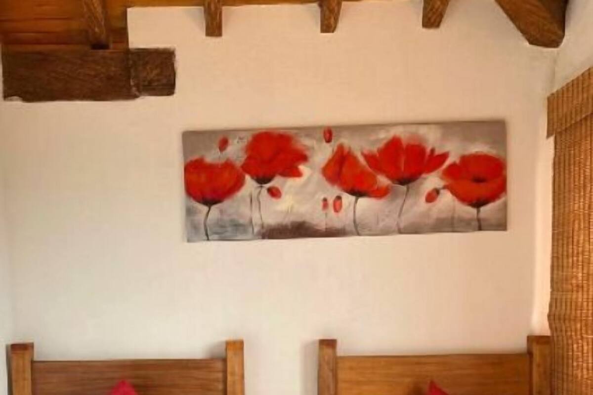 Deux lits avec des têtes de lit en bois et des oreillers rouges, un tableau représentant des fleurs rouges accroché au mur et un plafond en bois.