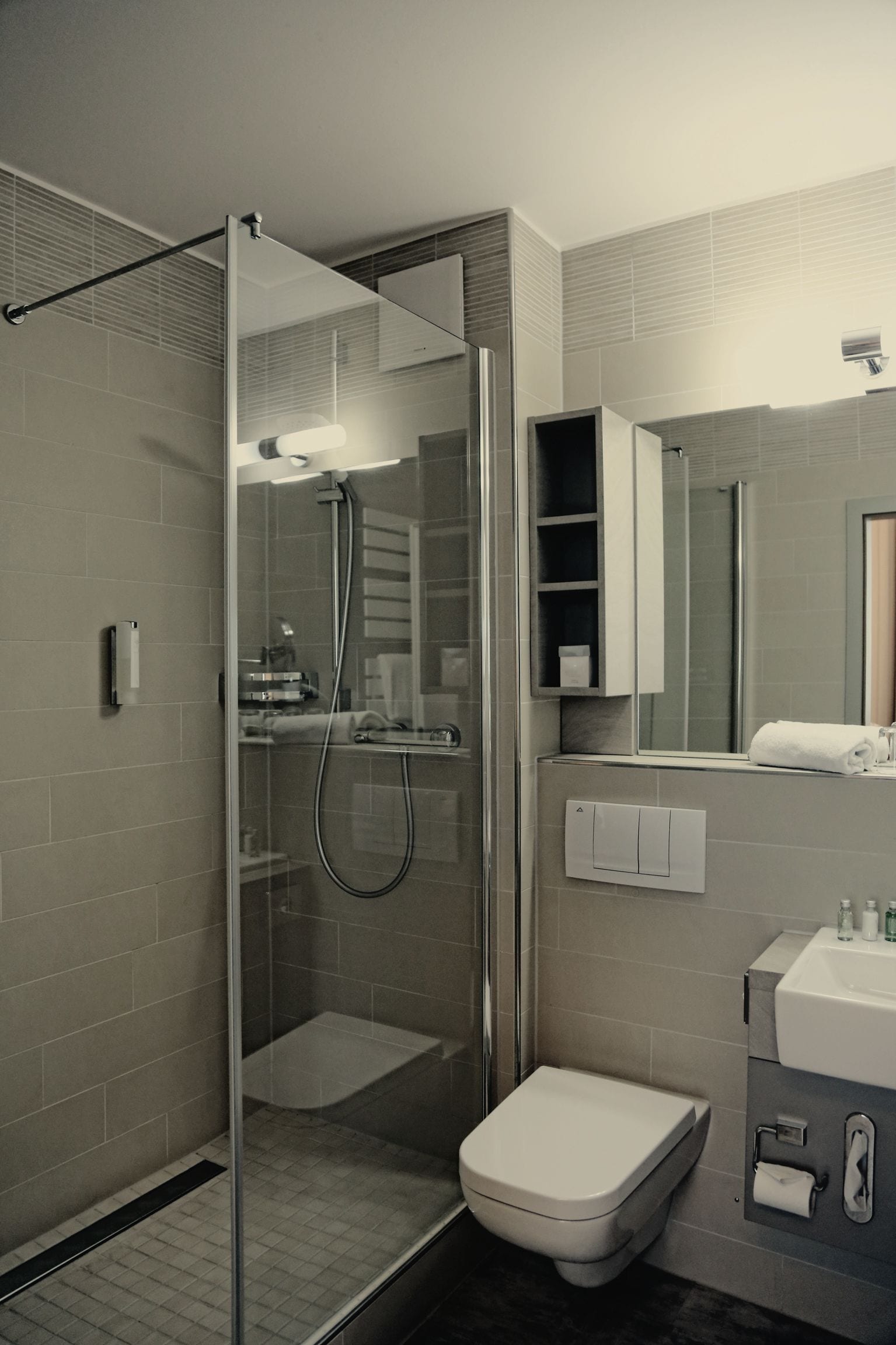 A modern bathroom with a glass-enclosed shower, a toilet, and a sink.