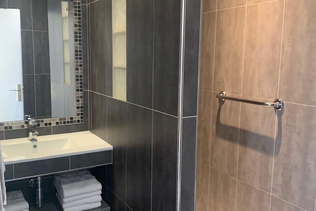 shower, free toiletries, hair dryer, towels