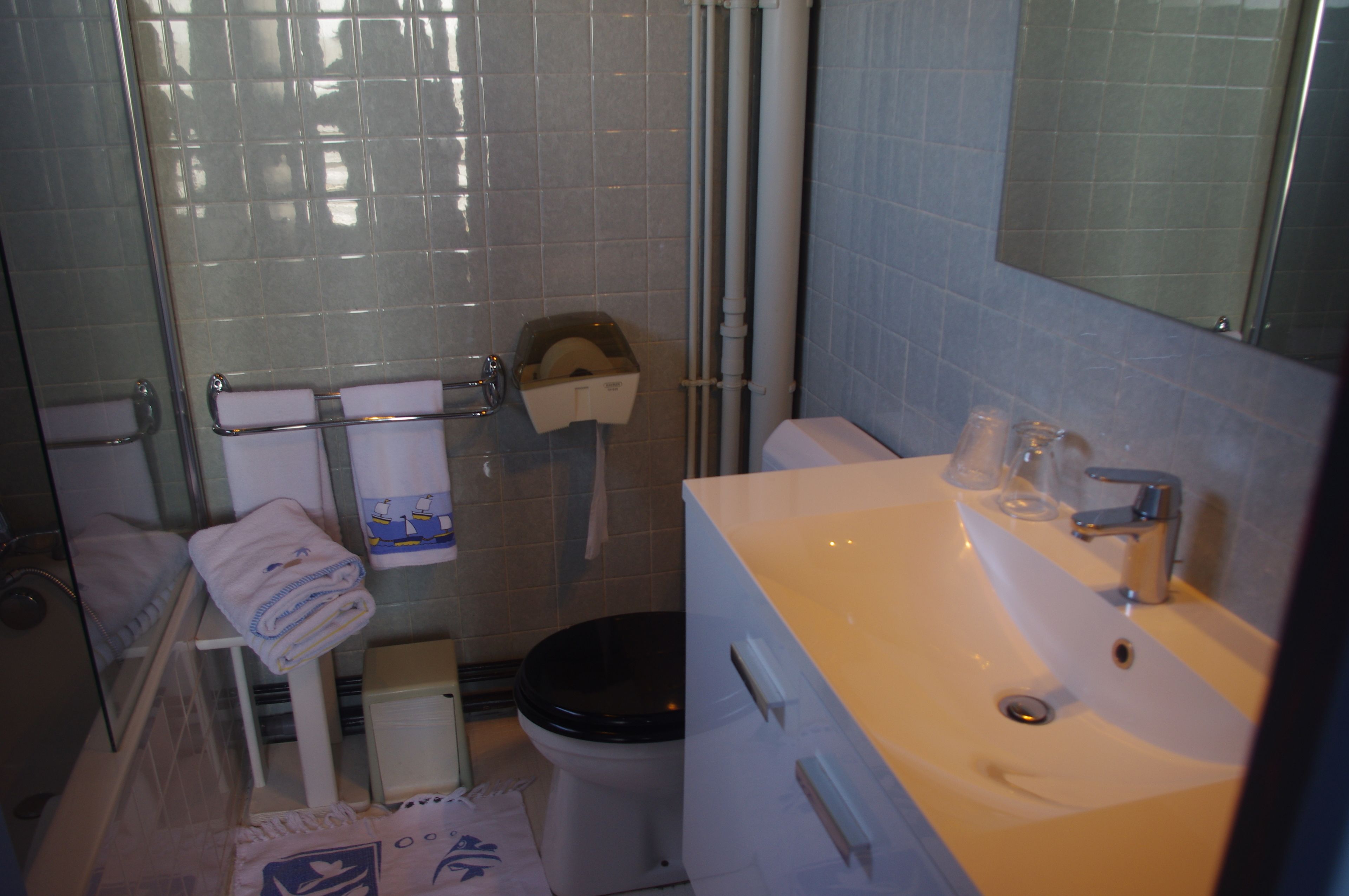 Een badkamer met toilet, wastafel en douche.