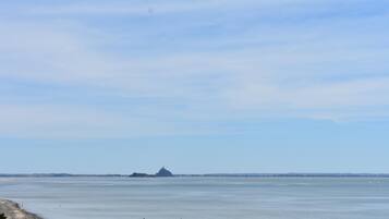 A coastal view with a beach, calm water, and a distant island.