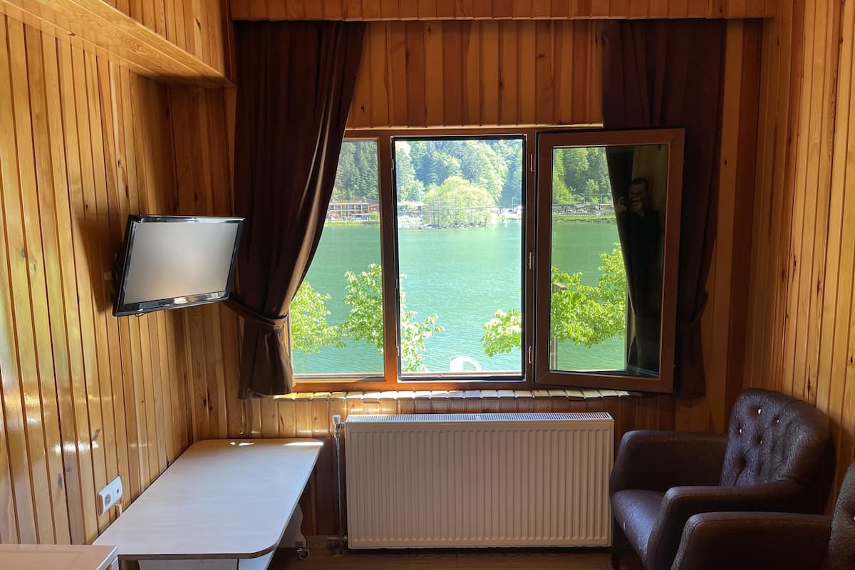 A cabin room with a wooden interior, a window with a view of a lake, a white radiator, a brown leather chair, and a small table.