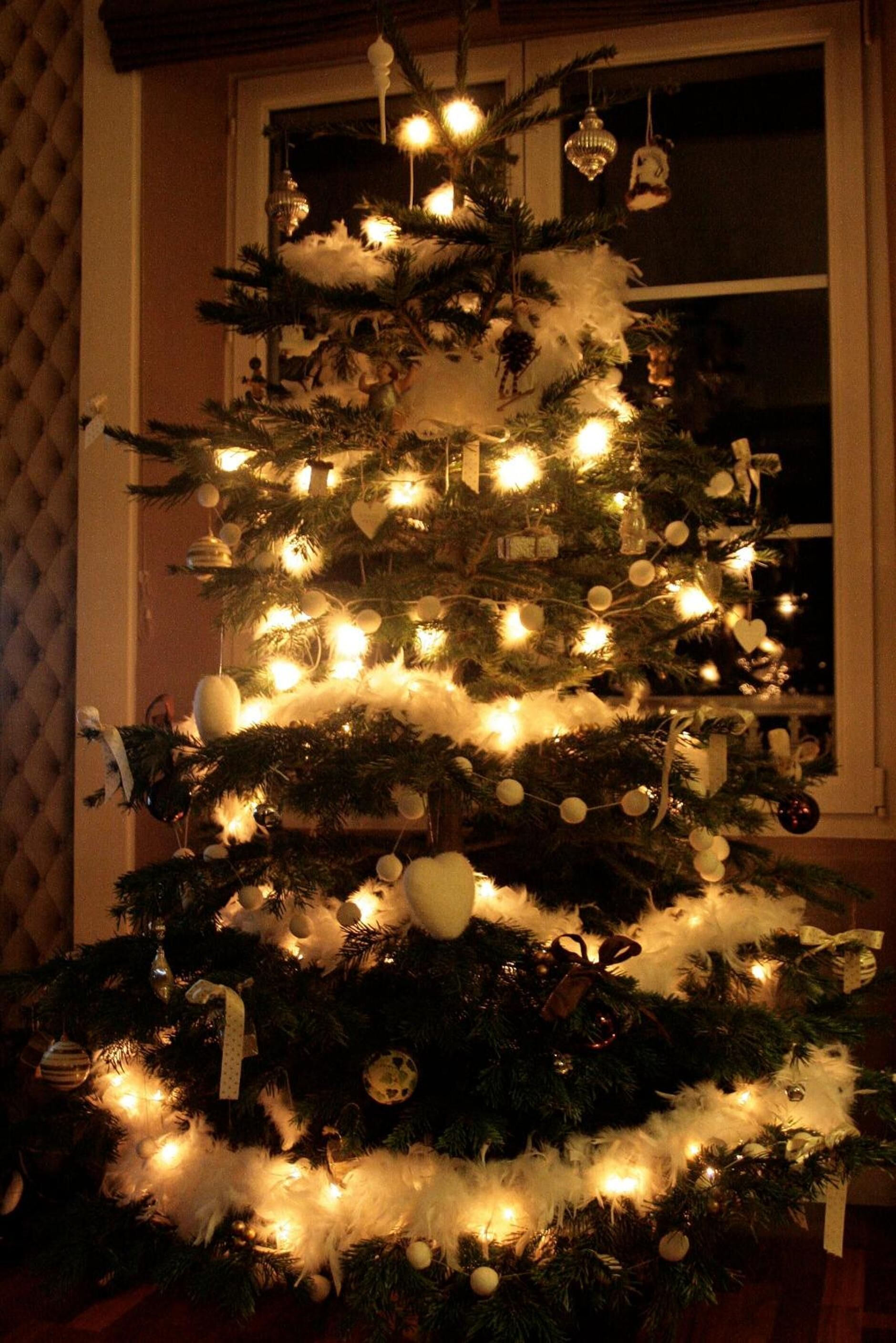A Christmas tree decorated with lights, ornaments, and garlands, placed in a room with a window and a door in the background.