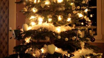 A Christmas tree decorated with lights, ornaments, and garlands, placed in a room with a window and a door in the background.