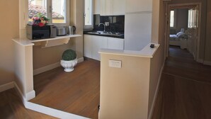 Une cuisine de taille réduite avec des meubles blancs, un four à micro-ondes et une petite plante en pot.
