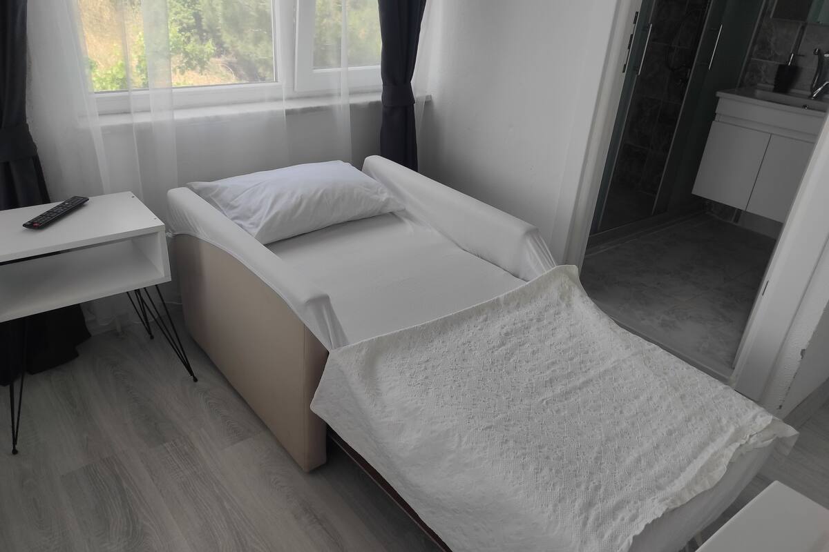 A neatly arranged hotel room with a bed, a small table with a remote control, a shower area, and a view of greenery outside.