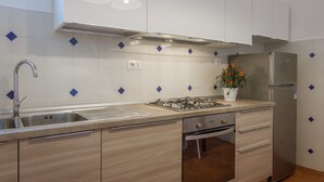 A modern kitchen with a stainless steel sink, gas stove, and built-in oven. - House in Florence Blue (Florence)