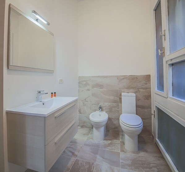 A bathroom with a sink, mirror, toilet, and bidet.