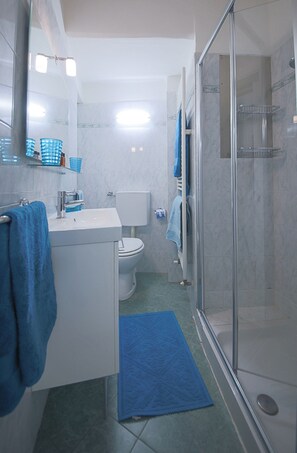 A bathroom with a sink, toilet, and shower. - Parione (Florence)