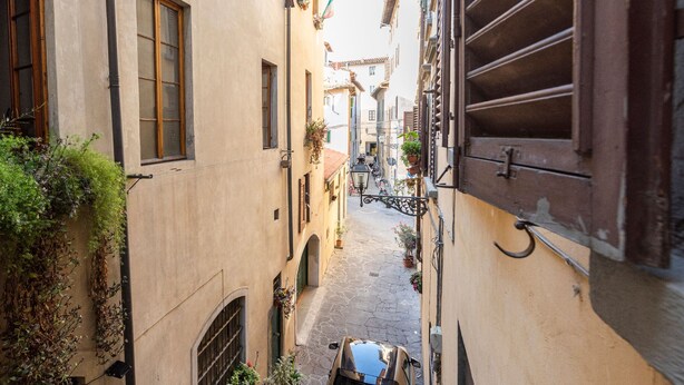 Una calle estrecha flanqueada por edificios, con balcones adornados con plantas y un farol.