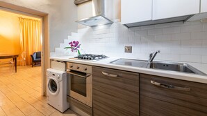 Una cocina moderna con lavadora integrada, estufa a gas y pileta de acero inoxidable.