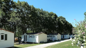 A row of mobile homes with a gravel path in between, surrounded by trees. - Camping le Lanfonnet (Talloires-Montmin)