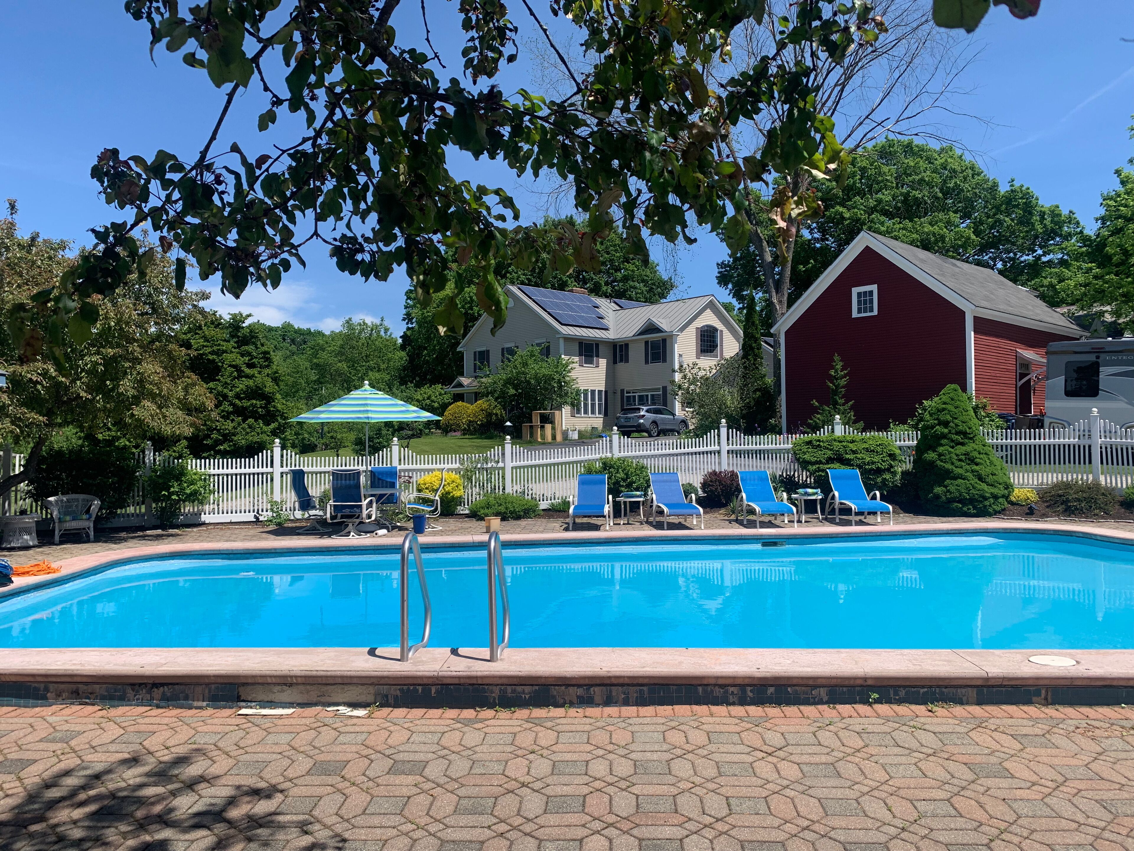 outdoor pool, pool loungers