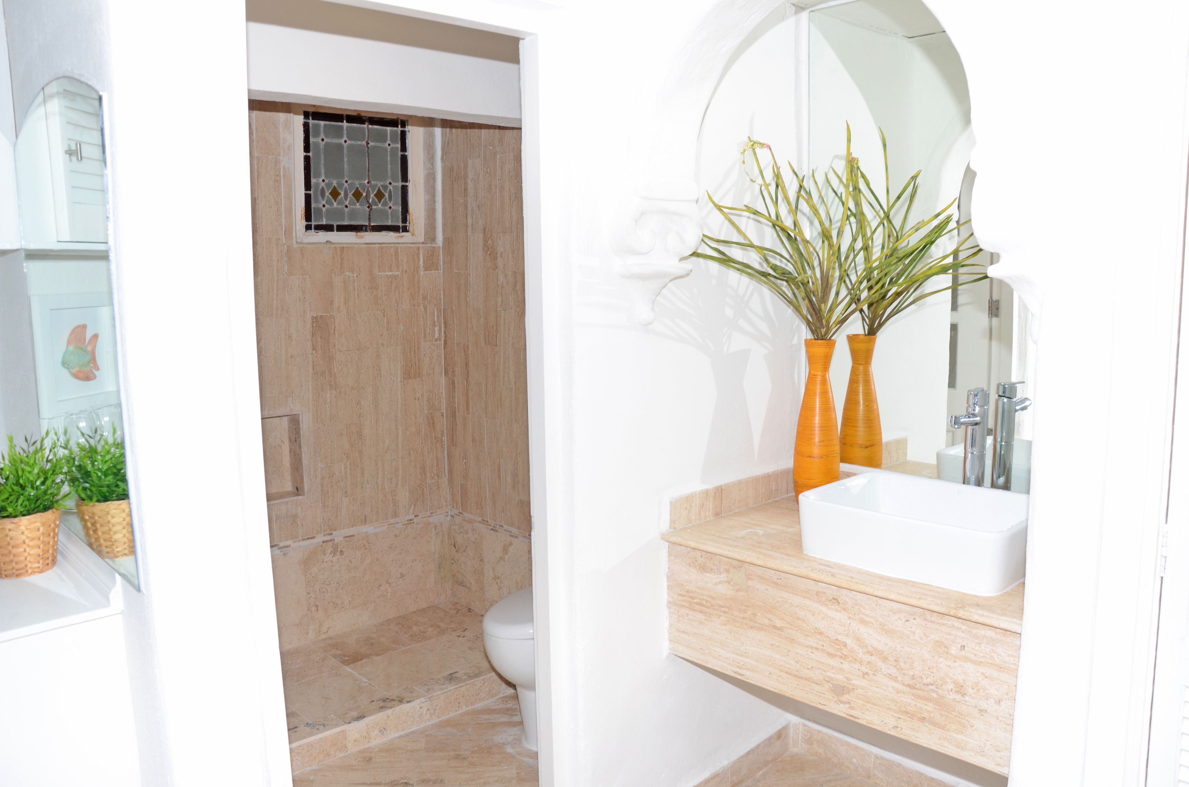 Een badkamer met een douche, een wastafel en twee planten in potten.
