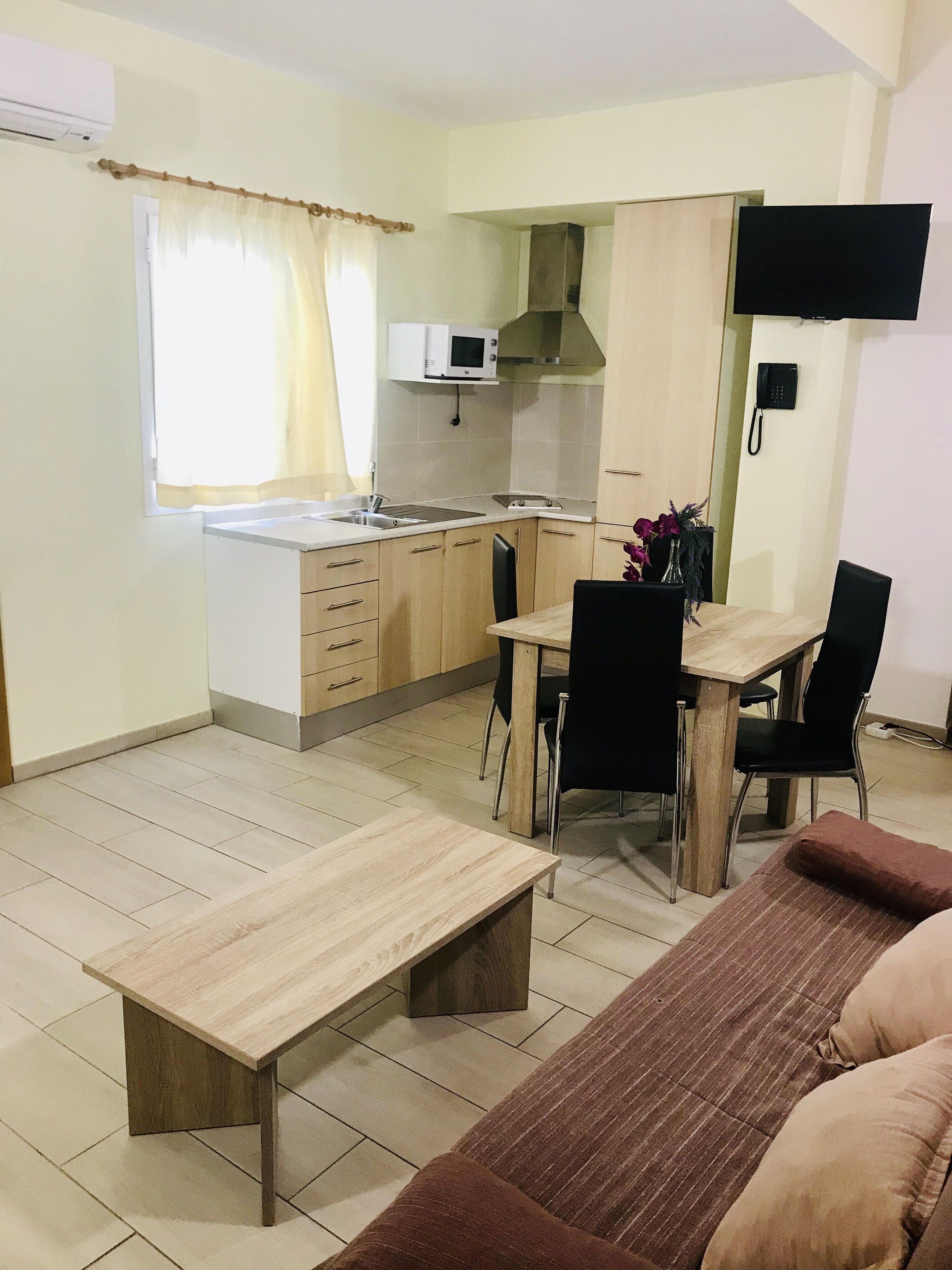 A compact living space with a kitchenette, a dining area, and a sofa.