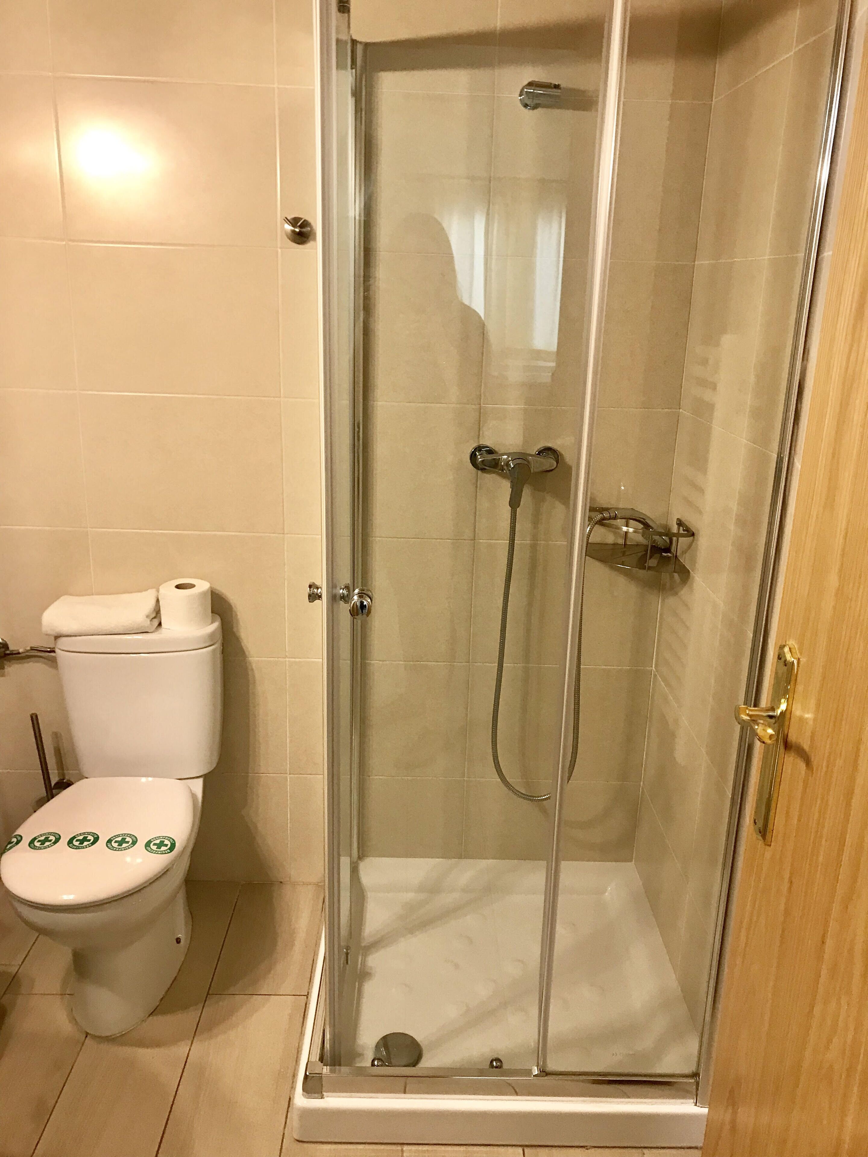 A bathroom with a glass-enclosed shower, a toilet, and a wooden door.