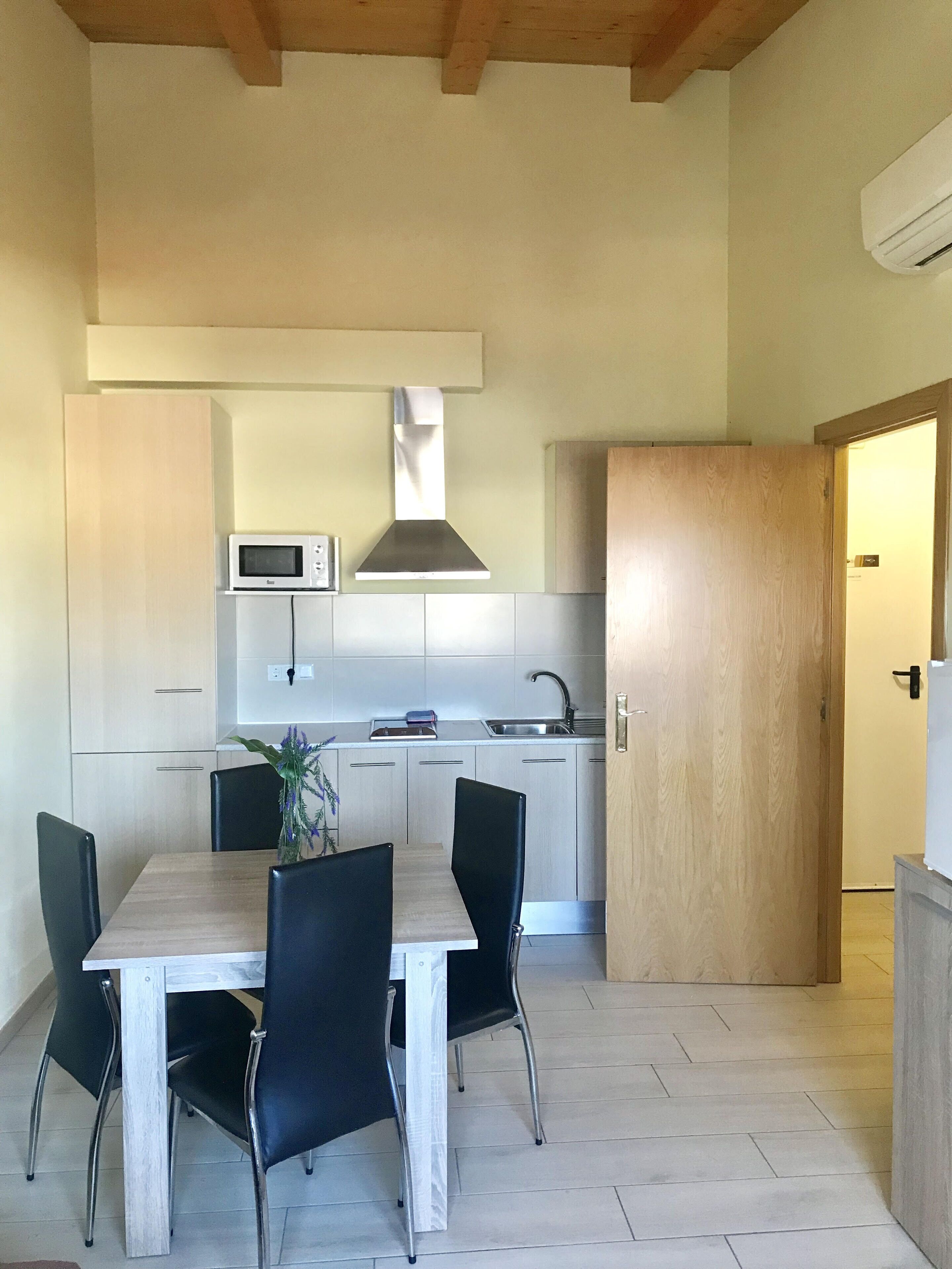A modern kitchen with a microwave, stove, and sink. There is a dining table with chairs and a potted plant. The room has wooden flooring and a door leading to another area.