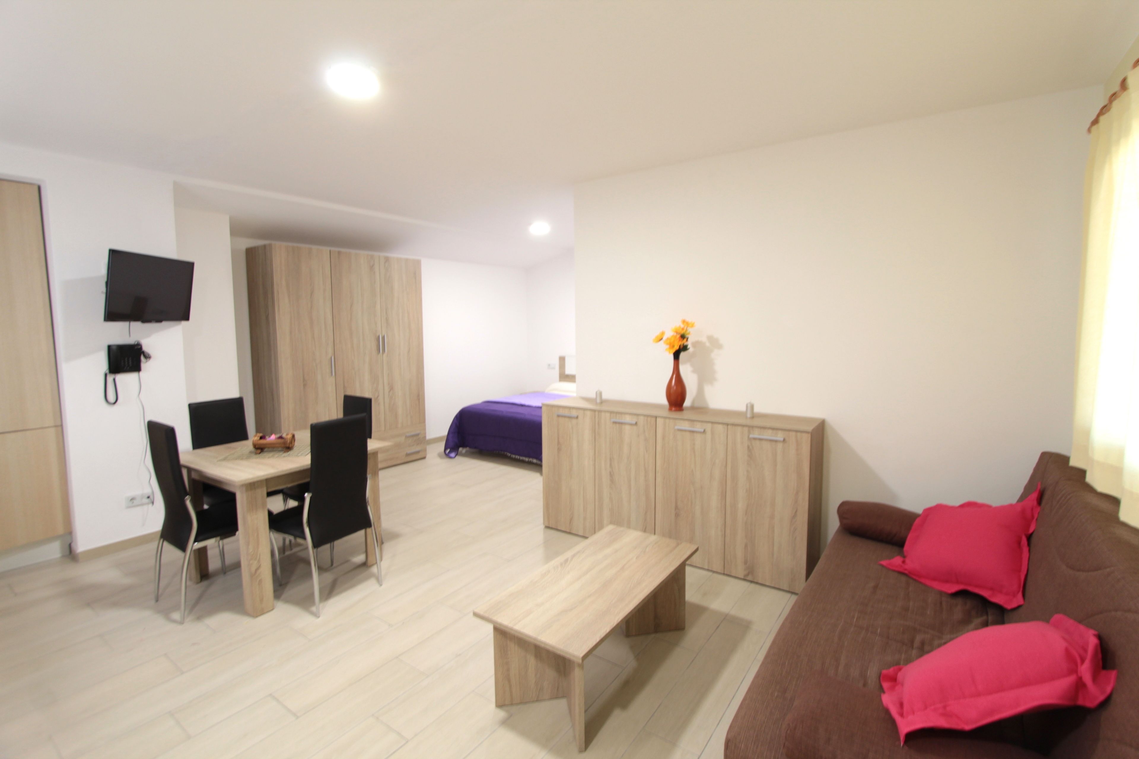 A modern, well-lit room with a wooden dining table, black chairs, a brown sofa with red cushions, a small wooden cabinet, and a bed with a purple blanket.