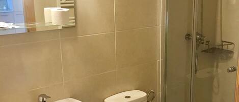 A bathroom with a sink, toilet, and glass-enclosed shower.