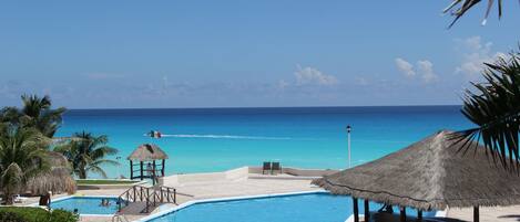 Outdoor pool, pool umbrellas, pool loungers